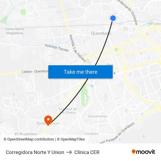 Corregidora Norte Y Union to Clínica CER map