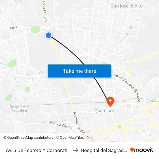Av. 5 De Febrero Y Corporativo Santander to Hospital del Sagrado Corazon map