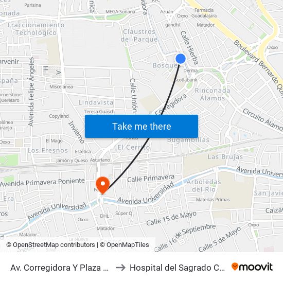 Av. Corregidora Y Plaza Dorada to Hospital del Sagrado Corazon map
