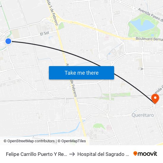 Felipe Carrillo Puerto Y Revolución to Hospital del Sagrado Corazon map