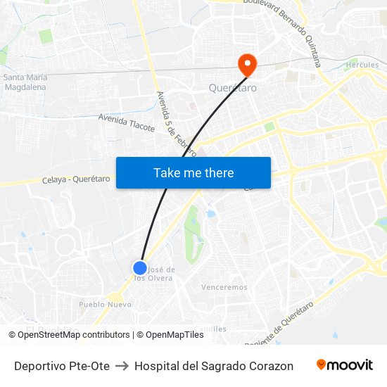 Deportivo Pte-Ote to Hospital del Sagrado Corazon map