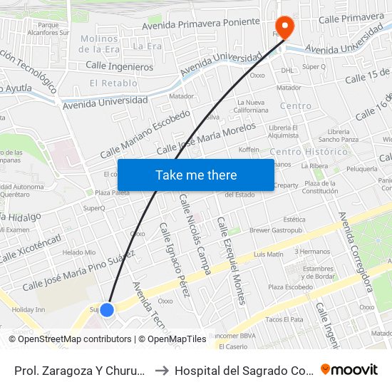 Prol. Zaragoza Y Churubusco to Hospital del Sagrado Corazon map