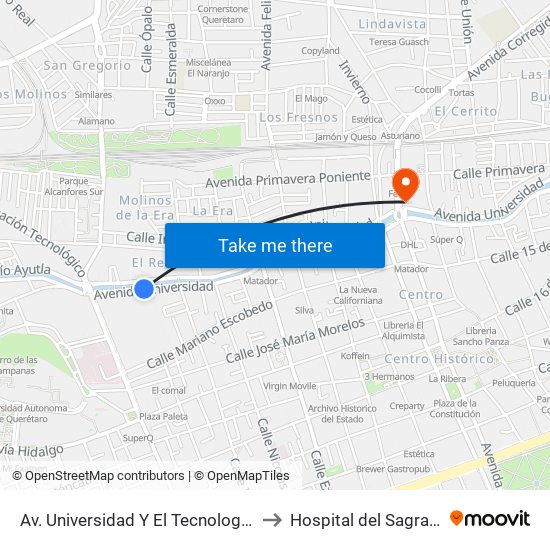 Av. Universidad Y El Tecnologico De Queretaro to Hospital del Sagrado Corazon map