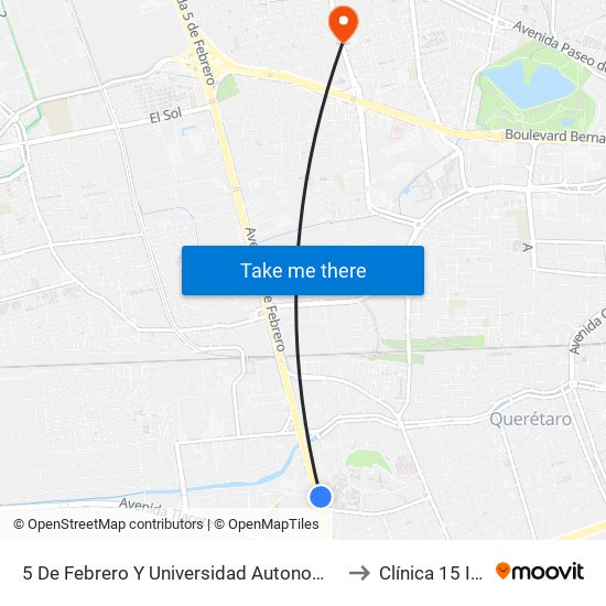 5 De Febrero Y Universidad Autonoma De Qro. to Clínica 15 IMSS map