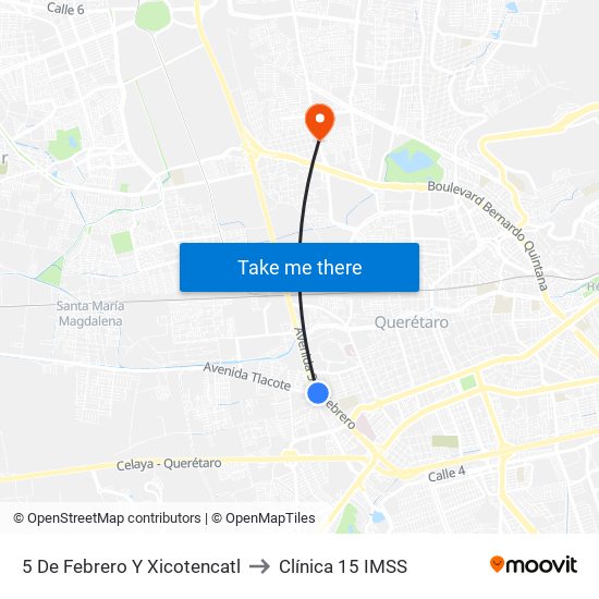 5 De Febrero Y Xicotencatl to Clínica 15 IMSS map