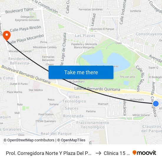 Prol. Corregidora Norte Y Plaza Del Parque Anden 2 to Clínica 15 IMSS map