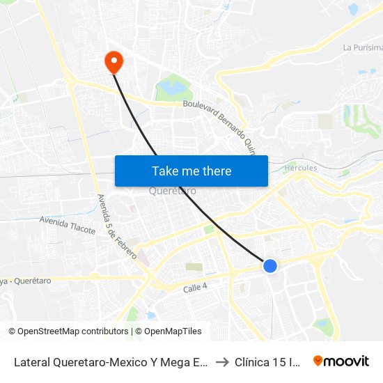 Lateral Queretaro-Mexico Y Mega Estadio to Clínica 15 IMSS map