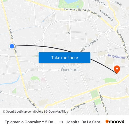 Epigmenio Gonzalez Y 5 De Febrero to Hospital De La Santa Cruz map