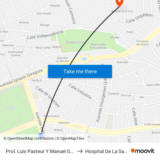 Prol. Luis Pasteur Y Manuel Gomez Morin to Hospital De La Santa Cruz map