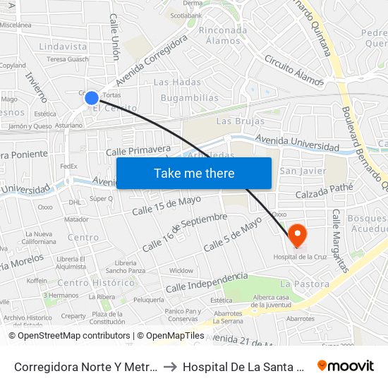 Corregidora Norte Y Metralla to Hospital De La Santa Cruz map