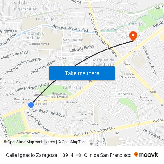 Calle Ignacio Zaragoza, 109_4 to Clinica San Francisco map