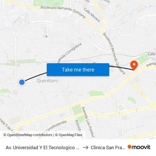 Av. Universidad Y El Tecnologico De Queretaro to Clinica San Francisco map