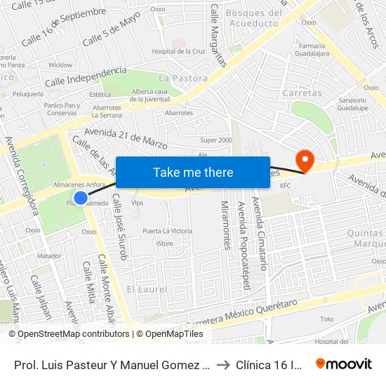 Prol. Luis Pasteur Y Manuel Gomez Morin to Clínica 16 IMSS map