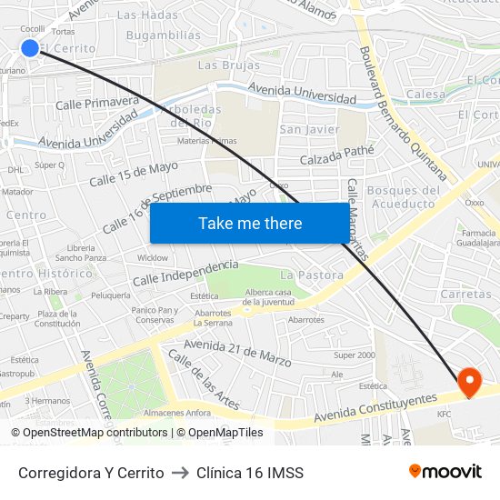Corregidora Y Cerrito to Clínica 16 IMSS map