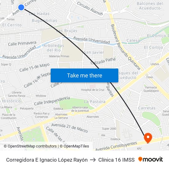 Corregidora E Ignacio López Rayón to Clínica 16 IMSS map