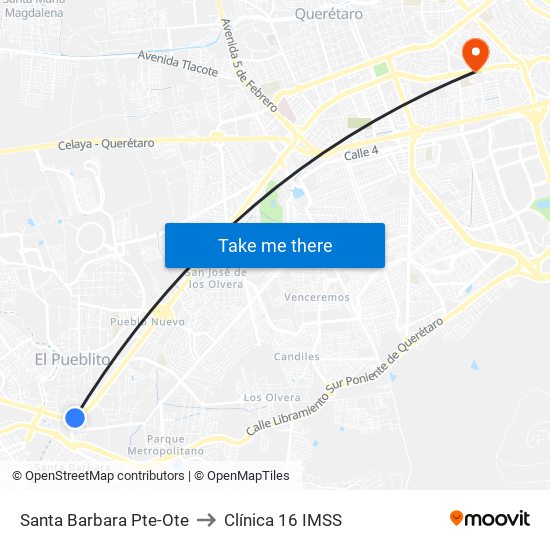 Santa Barbara Pte-Ote to Clínica 16 IMSS map
