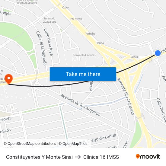 Constituyentes Y Monte Sinai to Clínica 16 IMSS map