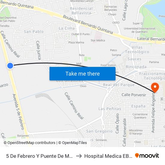 5 De Febrero Y Puente De Mabe to Hospital Medica EBOR map