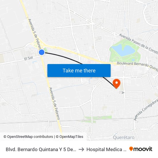 Blvd. Bernardo Quintana Y 5 De Febrero to Hospital Medica EBOR map