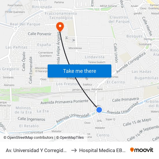 Av. Universidad Y Corregidora to Hospital Medica EBOR map