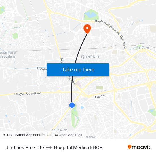 Jardines Pte - Ote to Hospital Medica EBOR map