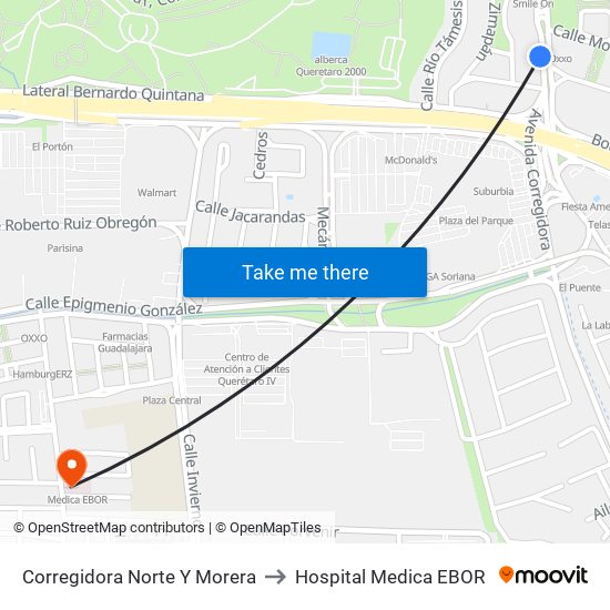 Corregidora Norte Y Morera to Hospital Medica EBOR map