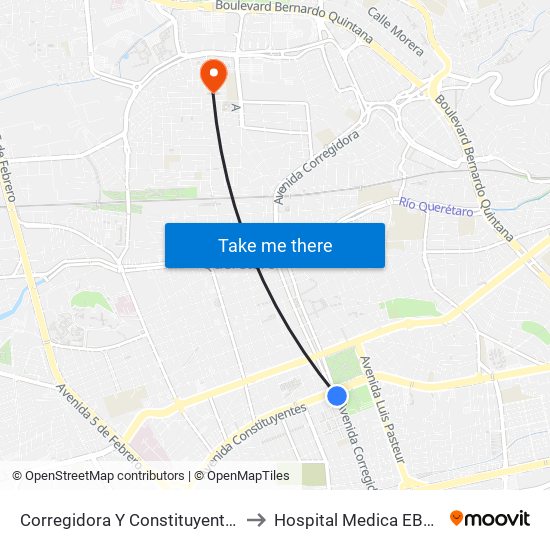 Corregidora Y Constituyentes to Hospital Medica EBOR map