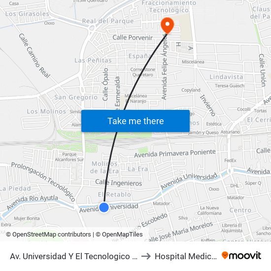 Av. Universidad Y El Tecnologico De Queretaro to Hospital Medica EBOR map