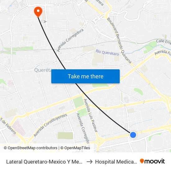 Lateral Queretaro-Mexico Y Mega Estadio to Hospital Medica EBOR map