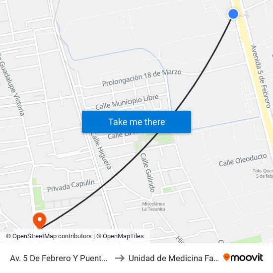 Av. 5 De Febrero Y Puente De Mabe to Unidad de Medicina Familiar #9 map