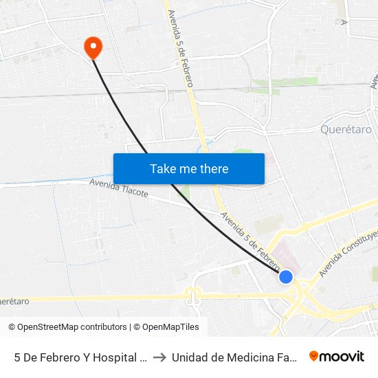 5 De Febrero Y Hospital General to Unidad de Medicina Familiar #9 map