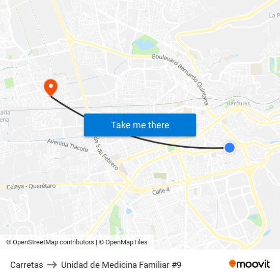 Carretas to Unidad de Medicina Familiar #9 map