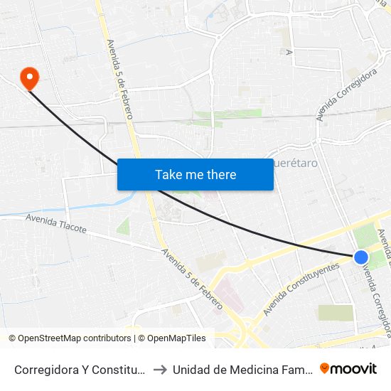 Corregidora Y Constituyentes to Unidad de Medicina Familiar #9 map