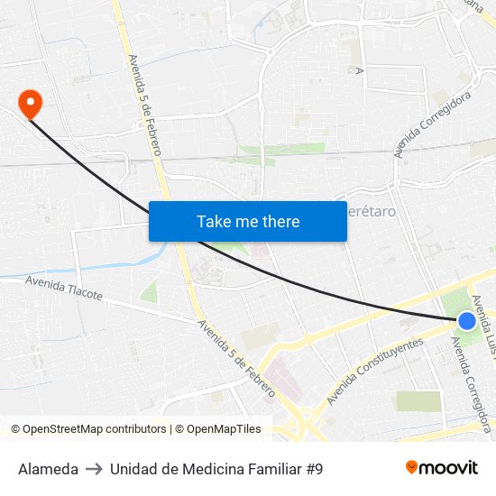 Alameda to Unidad de Medicina Familiar #9 map