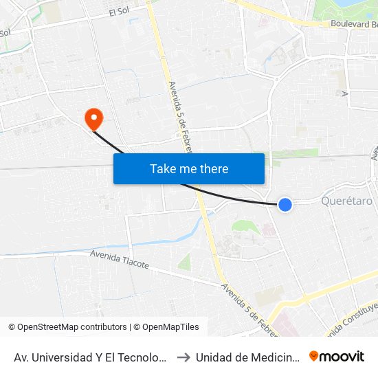 Av. Universidad Y El Tecnologico De Queretaro to Unidad de Medicina Familiar #9 map
