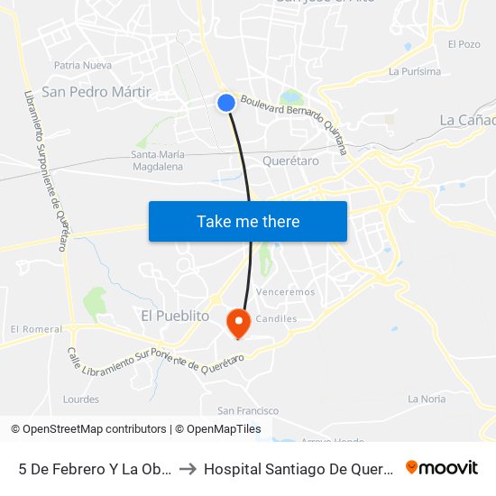 5 De Febrero Y La Obrera to Hospital Santiago De Queretaro map