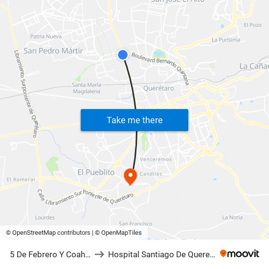 5 De Febrero Y Coahuila to Hospital Santiago De Queretaro map