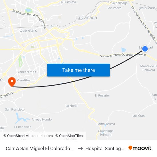 Carr A San Miguel El Colorado Y Calle San Juan Del Río to Hospital Santiago De Queretaro map
