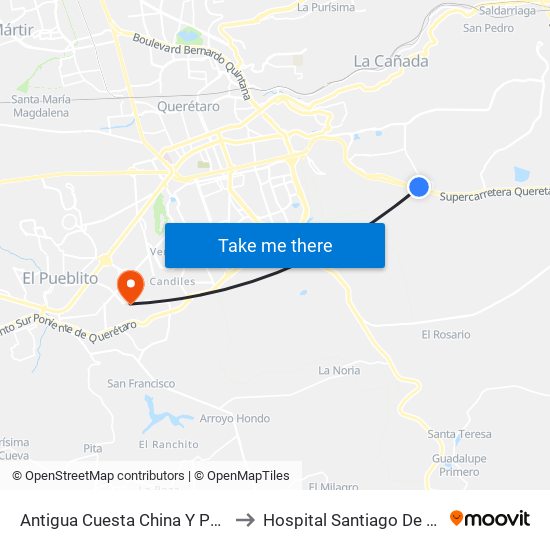 Antigua Cuesta China Y Puente Conin to Hospital Santiago De Queretaro map