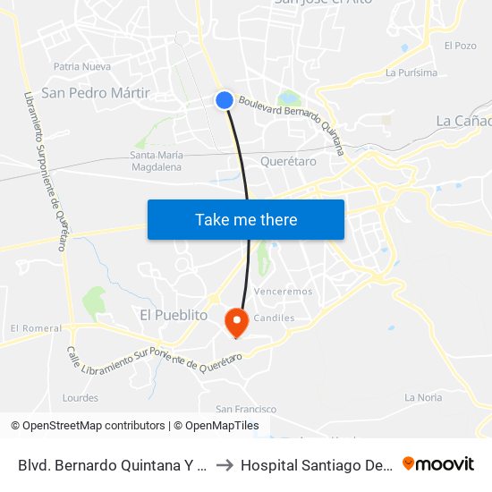 Blvd. Bernardo Quintana Y 5 De Febrero to Hospital Santiago De Queretaro map