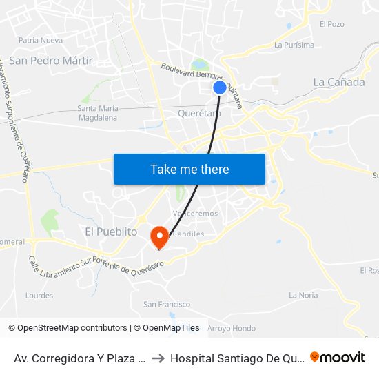 Av. Corregidora Y Plaza Dorada to Hospital Santiago De Queretaro map