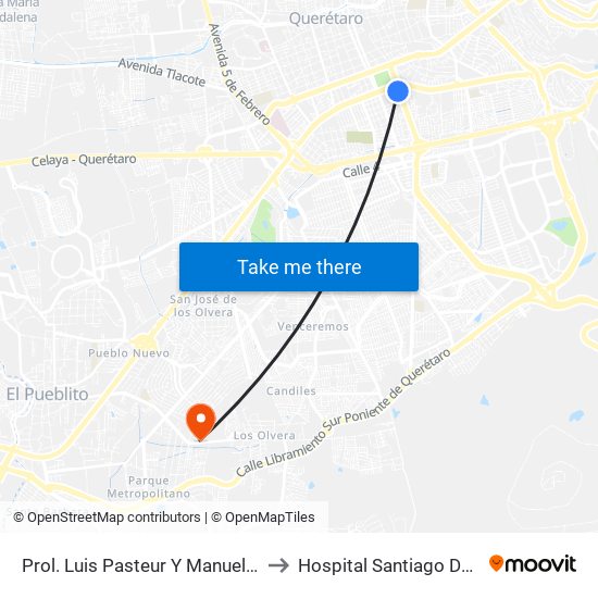 Prol. Luis Pasteur Y Manuel Gomez Morin to Hospital Santiago De Queretaro map