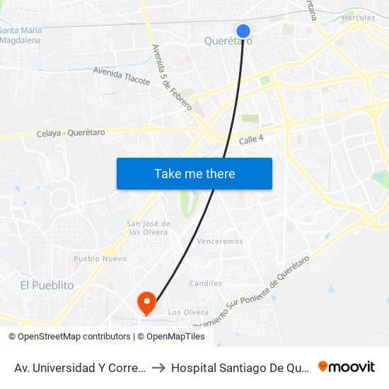 Av. Universidad Y Corregidora to Hospital Santiago De Queretaro map