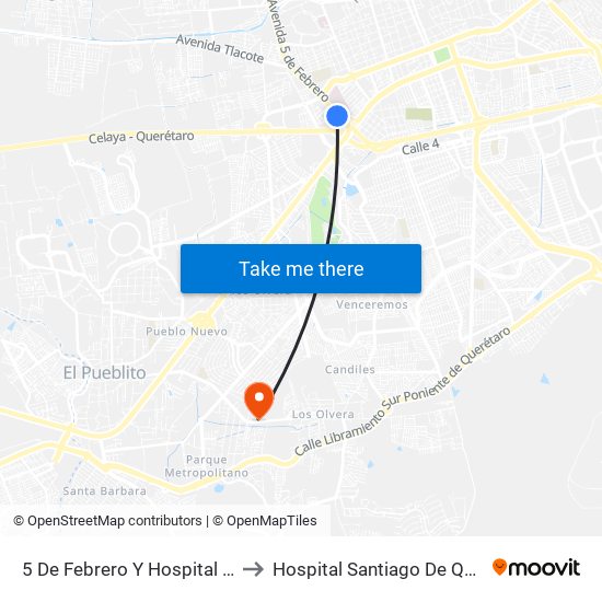 5 De Febrero Y Hospital General to Hospital Santiago De Queretaro map