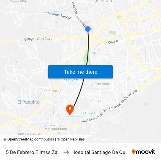 5 De Febrero E Imss Zaragoza to Hospital Santiago De Queretaro map