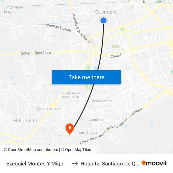 Ezequiel Montes Y Miguel Hidalgo to Hospital Santiago De Queretaro map