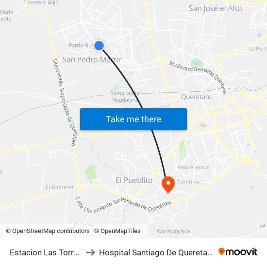 Estacion Las Torres to Hospital Santiago De Queretaro map