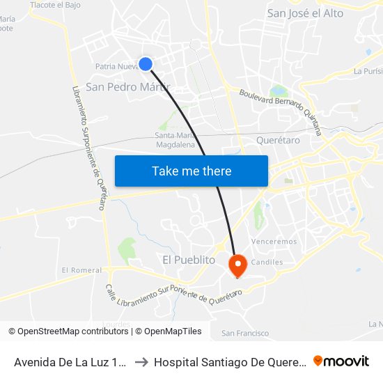 Avenida De La Luz 1323 to Hospital Santiago De Queretaro map