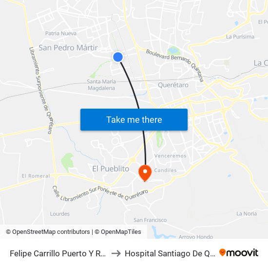 Felipe Carrillo Puerto Y Revolución to Hospital Santiago De Queretaro map