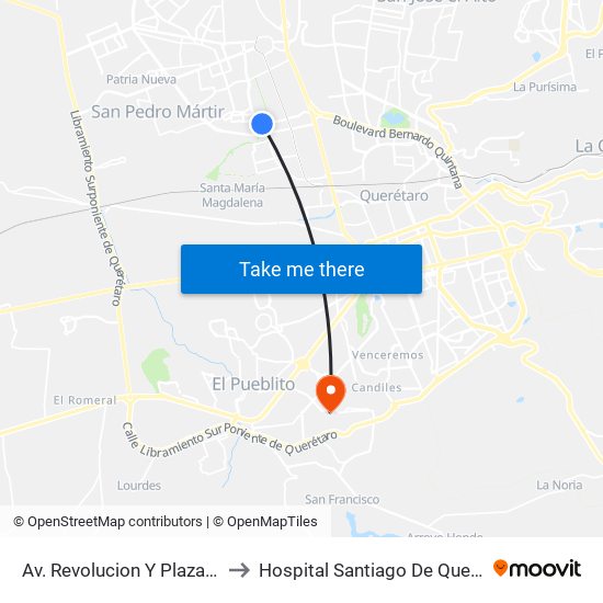 Av. Revolucion Y Plaza Patio to Hospital Santiago De Queretaro map
